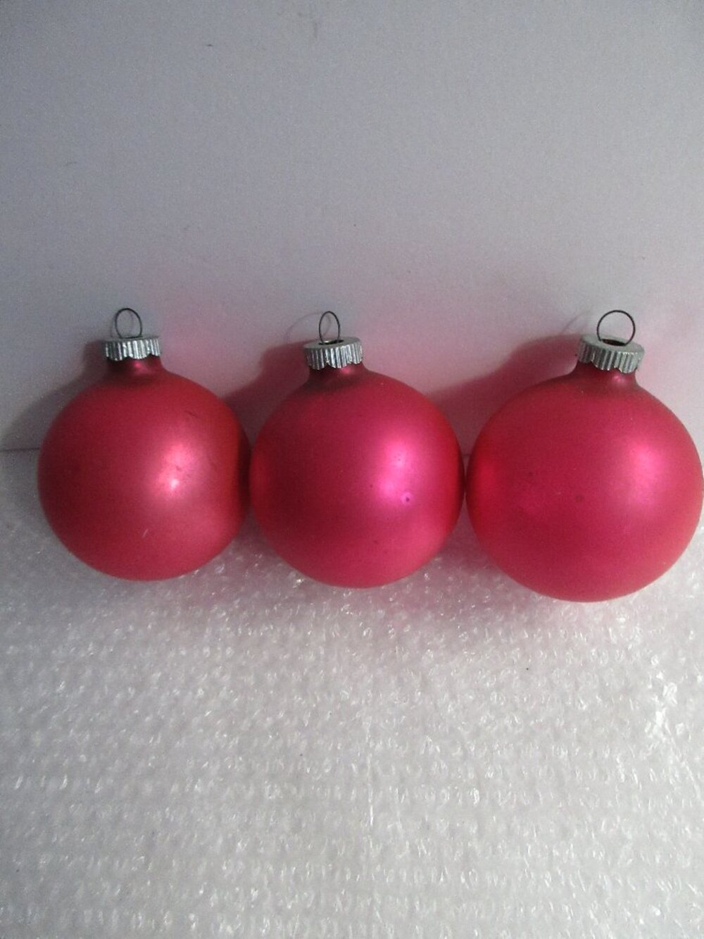 3 Shiny Brite Bright Pink Fuschia Satin Finish Glass Ornaments 2.75" Vintage